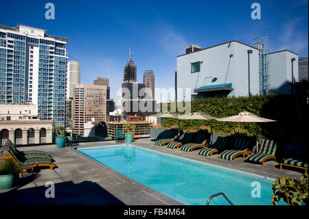 Roof top pool of the Art Deco Eastern Building on Broadway in Downtown Los Angeles Stock Photo