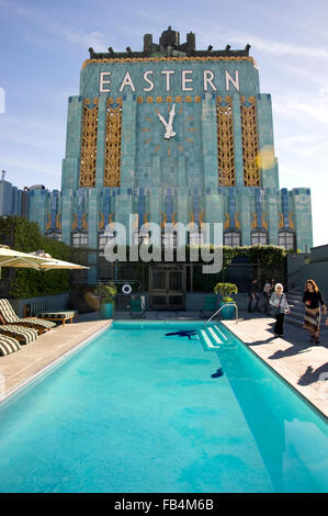 Roof top pool of the Art Deco Eastern Building on Broadway in Downtown Los Angeles Stock Photo