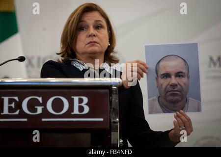 (160109) -- MEXICO CITY, Jan 9, 2016 (Xinhua) -- File photo taken on July 13, 2015 shows the Mexico's Attorney General Arely Gomez, showing a recent photography of the drug trafficker Joaquin Guzman Loera, alias 'El Chapo' Guzman, during a press conference held at the Interior Minister (SEGOB), in Mexico City, capital of Mexico. After an early morning raid in northwestern Mexico's Sinaloa State's town of Los Mochis by Mexican police and marines on Friday, Sinaloa Cartel leader Joaquin 'El Chapo' Guzman Loera was recaptured, six months after his second prison break. In 2001, Guzman was wheeled Stock Photo