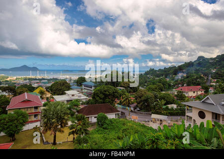 Aerial view of Mahe coastline, Victoria, Seychelles Stock Photo