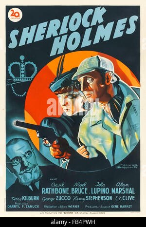 'The Adventures Of Sherlock Holmes' (1939) French film poster. Professor Moriarity plans to steal the crown jewels. Directed by Alfred Werker and starring Basil Rathbone, Nigel Bruce and Ida Lupino. See description for more information Stock Photo