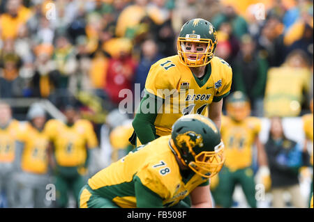 Frisco, Texas, USA. 9th Jan, 2016. North Dakota State Bison quarterback Carson Wentz (11) during the first half of the 2016 NCAA Division 1 Football Championship game between the Jacksonville State Gamecocks and the North Dakota State Bison at Toyota Stadium, in Frisco, Texas. Shane Roper/CSM/Alamy Live News Stock Photo