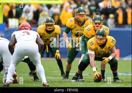 Frisco, Texas, USA. 9th Jan, 2016. North Dakota State Bison center Austin Kuhnert (75), North Dakota State Bison quarterback Carson Wentz (11) and North Dakota State Bison fullback Andrew Bonnet (46) during the first half of the 2016 NCAA Division 1 Football Championship game between the Jacksonville State Gamecocks and the North Dakota State Bison at Toyota Stadium, in Frisco, Texas. Shane Roper/CSM/Alamy Live News Stock Photo