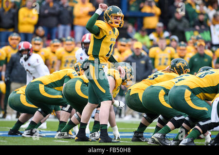 Frisco, Texas, USA. 9th Jan, 2016. North Dakota State Bison quarterback Carson Wentz (11) during the first half of the 2016 NCAA Division 1 Football Championship game between the Jacksonville State Gamecocks and the North Dakota State Bison at Toyota Stadium, in Frisco, Texas. Shane Roper/CSM/Alamy Live News Stock Photo