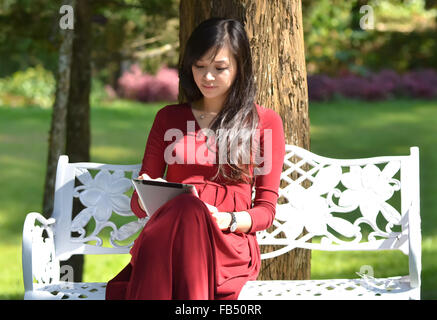 pretty  woman using  tablet in the garden Stock Photo