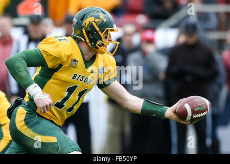 Frisco, Texas, USA. 9th Jan, 2016. North Dakota State Bison quarterback Carson Wentz (11) during the second half of the 2016 NCAA Division 1 Football Championship game between the Jacksonville State Gamecocks and the North Dakota State Bison at Toyota Stadium, in Frisco, Texas. The North Dakota State Bison won their 5th straight Championship defeating the Jacksonville State Gamecocks 37-10. Shane Roper/CSM/Alamy Live News Stock Photo