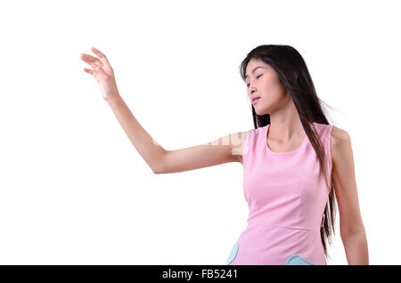 Sad beautiful woman standing against a white background Stock Photo