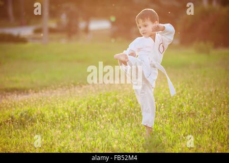 Preschool boy practicing karate outdoors Stock Photo