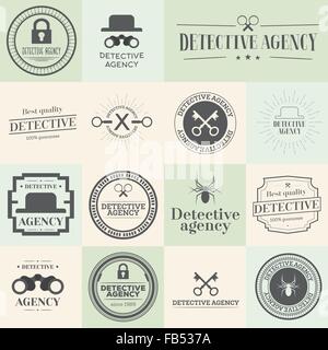 Label badges and stamps set for detective agency. Vector illustration. Objects for web site, documents and other designs. Stock Vector