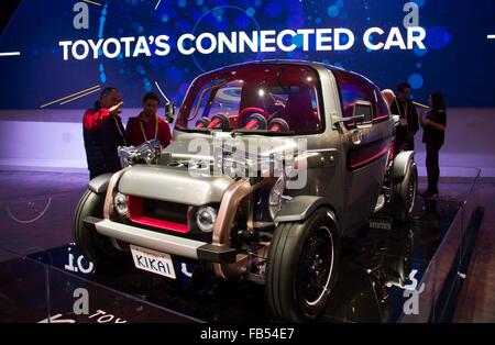 Las Vegas, USA. 9th Jan, 2016. A Toyota's connected car is displayed during the CES in Las Vegas, Nevada, the United States, Jan. 9, 2016. The International Consumer Electronics Show (CES) 2016 closed here on Saturday. Credit:  Yang Lei/Xinhua/Alamy Live News Stock Photo