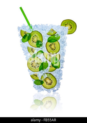 Ice kiwi cocktail with ice cubes on white background Stock Photo