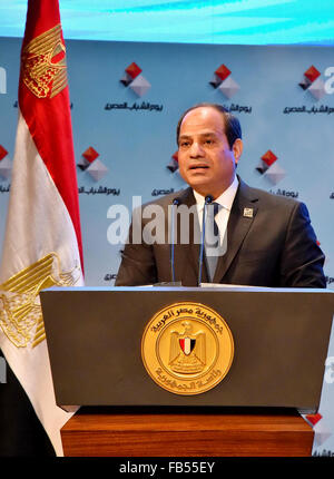 Cairo, Egypt. 9th Jan, 2016. Egyptian President Abdel Fattah el-Sisi, takes part in the ceremony to mark the the Egyptian Youth Day, in Cairo on January 09, 2016 © Egyptian President Office/APA Images/ZUMA Wire/Alamy Live News Stock Photo