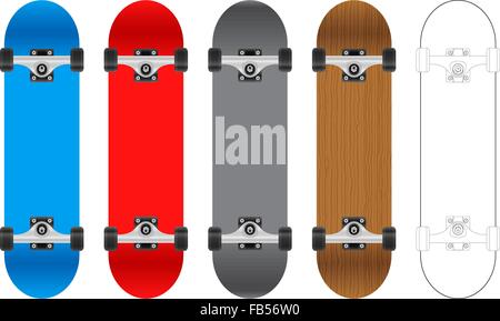 Five skateboards on a white background. Vector illustration. Stock Vector