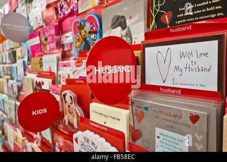 Store display of Valentine's cards for husbands and children.  Valentine card for husband and kids in the shop. Stock Photo