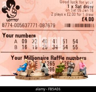 miniature people sitting on british coins with a national lottery ticket behind them dated Saturday 9th of January 2016 Stock Photo