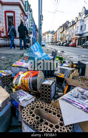 Leftovers from New Years fireworks in the streets of Essen, Germany, on New Years day, waste of firecrackers, Stock Photo