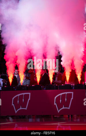 Madison, WI, USA. 9th Jan, 2016. Wisconsin gets introduced prior to the NCAA Basketball game between the Maryland Terrapins and the Wisconsin Badgers at the Kohl Center in Madison, WI. Maryland defeated Wisconsin 63-60. John Fisher/CSM/Alamy Live News Stock Photo