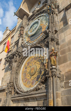Detail view of  astronomical clock tower in Prague's Old Town Square Stock Photo
