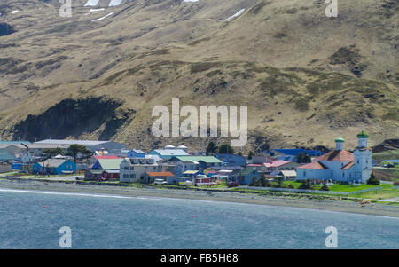 View of Unalaska, Aleutian Islands, Alaska, USA. Next to residential buildings is the Russian Orthodox cathedral Holy Ascension of Our Lord.