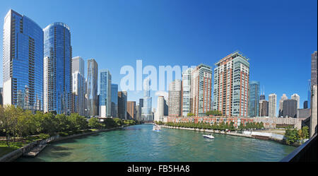 Chicago: the skyline with the Trump Tower, the famous landmark named after Donald Trump, seen from a canal cruise on Chicago River Stock Photo