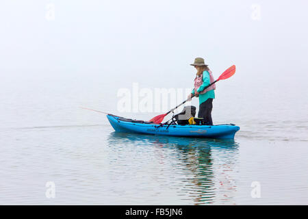 Woman maneuvering ocean kayak containing fishing gear, foggy coastal bay. Stock Photo