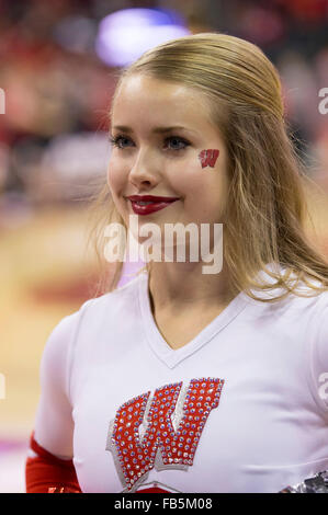 Madison, WI, USA. 9th Jan, 2016. Wisconsin dance member entertains the crowd during the NCAA Basketball game between the Maryland Terrapins and the Wisconsin Badgers at the Kohl Center in Madison, WI. Maryland defeated Wisconsin 63-60. John Fisher/CSM/Alamy Live News Stock Photo