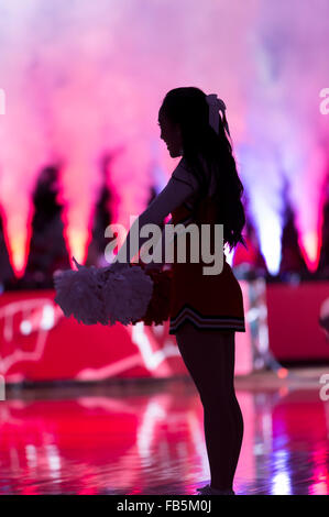 Madison, WI, USA. 9th Jan, 2016. Wisconsin cheerleader during introductions prior to the NCAA Basketball game between the Maryland Terrapins and the Wisconsin Badgers at the Kohl Center in Madison, WI. Maryland defeated Wisconsin 63-60. John Fisher/CSM/Alamy Live News Stock Photo
