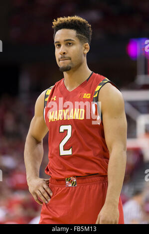 Madison, WI, USA. 9th Jan, 2016. Maryland Terrapins guard Melo Trimble #2 during the NCAA Basketball game between the Maryland Terrapins and the Wisconsin Badgers at the Kohl Center in Madison, WI. Maryland defeated Wisconsin 63-60. John Fisher/CSM/Alamy Live News Stock Photo