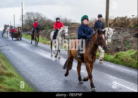 Drimoleague, Ireland. 10th January, 2016. A young rider controls his pony well during the Drimoleague to Drinagh Cheval. The Cheval was held to raise funds for COPE Foundation. Credit: Andy Gibson/Alamy Live News Stock Photo