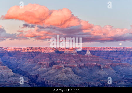 Moon over rock formations and canyons, from Maricopa Point, Grand Canyon National Park, Arizona USA Stock Photo