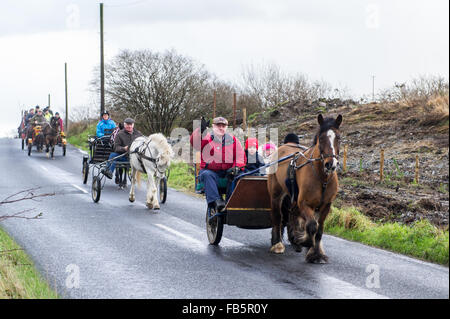 Drimoleague, Ireland. 10th January, 2016. The driver of a sulky waves at the camera during the Drimoleague to Drinagh Cheval. The Cheval was held to raise funds for COPE Foundation. Credit: Andy Gibson/Alamy Live News Stock Photo