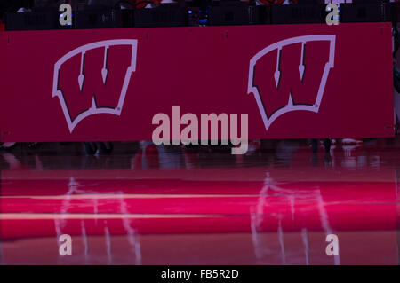 Madison, WI, USA. 9th Jan, 2016. Mid court prior to introductions during the NCAA Basketball game between the Maryland Terrapins and the Wisconsin Badgers at the Kohl Center in Madison, WI. Maryland defeated Wisconsin 63-60. John Fisher/CSM/Alamy Live News Stock Photo