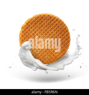 Waffle with caramel and milk splash isolated on white background with shadow Stock Photo