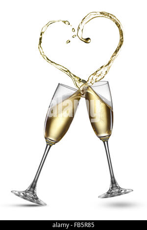 Champagne splash in shape of heart isolated on white Stock Photo