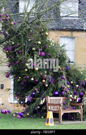 Village Christmas Tree blown over in the high winds and floods Stock Photo