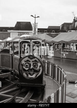 Thomas Tank Engine Kids Children Toy Fairground Ride Braintree Town Centre Black and White Face Essex Stock Photo