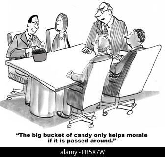 Business cartoon about morale.  The big bucket of candy helps morale. Stock Photo
