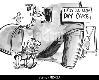 Education cartoon.  The children loved staying at little old lady day care. Stock Photo