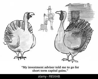 Business cartoon about investments.  The turkey's investment adviser suggested short term funds. Stock Photo