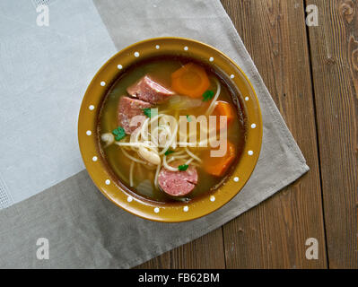 Porotos con riendas.beans with reins -  typical Chilean dish made of boiled beans with spaghetti. Stock Photo