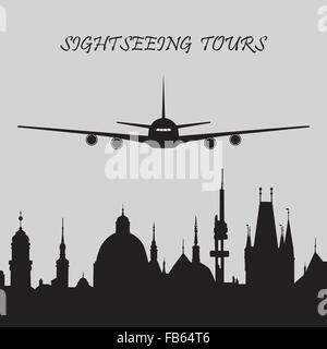 Black and white icon of sightseeing tours with a plane and cityscape of historical city. Stock Vector