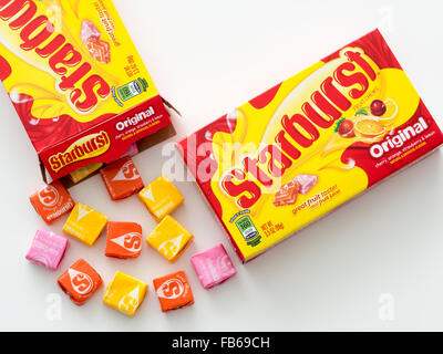 A box of Starburst candy, a fruit-flavored candy manufactured by the Wrigley Company. Stock Photo