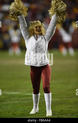 Landover, MD, USA. 10th Jan, 2016. A redskins cheerleader performs during the NFC Wildcard matchup between the Green Bay Packers and the Washington Redskins at FedEx Field in Landover, MD. John Middlebrook/CSM/Alamy Live News Stock Photo