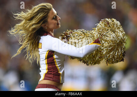 Landover, MD, USA. 10th Jan, 2016. A redskins cheerleader performs during the NFC Wildcard matchup between the Green Bay Packers and the Washington Redskins at FedEx Field in Landover, MD. John Middlebrook/CSM/Alamy Live News Stock Photo