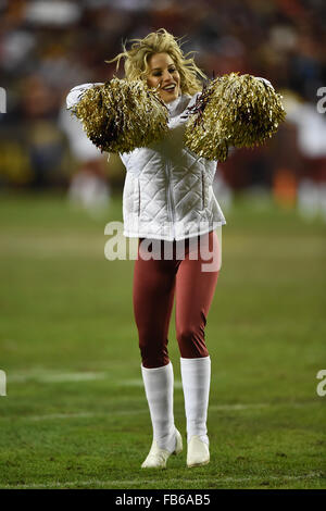 Landover, MD, USA. 10th Jan, 2016. A redskins cheerleader performs during the NFC Wildcard matchup between the Green Bay Packers and the Washington Redskins at FedEx Field in Landover, MD. John Middlebrook/CSM/Alamy Live News Stock Photo