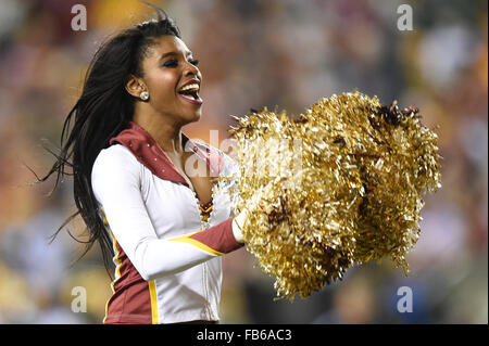 Landover, MD, USA. 10th Jan, 2016. A redskins cheerleader performs during the NFC Wildcard matchup between the Green Bay Packers and the Washington Redskins at FedEx Field in Landover, MD. John Middlebrook/CSM/Alamy Live News Stock Photo