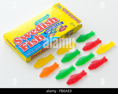 A box of Swedish Fish, a fish-shaped chewy candy originally developed by Swedish candy producer Malaco. Stock Photo