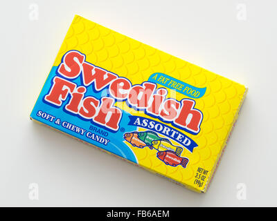 A box of Swedish Fish, a fish-shaped chewy candy originally developed by Swedish candy producer Malaco. Stock Photo