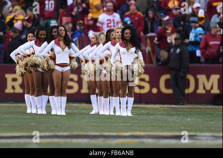Landover, MD, USA. 10th Jan, 2016. The Redskin cheerleaders prepare to take the field during the NFC Wildcard matchup between the Green Bay Packers and the Washington Redskins at FedEx Field in Landover, MD. John Middlebrook/CSM/Alamy Live News Stock Photo