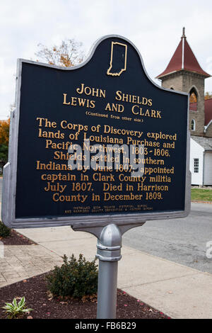 JOHN SHIELDS LEWIS AND CLARK  (Continued from other side)  The Corps of Discovery explored lands of Louisiana Purchase and Pacific Northwest, 1803-1806. Shields settled in southern Indiana by June 1807; appointed captain in Clark County militia July 1807. Died in Harrison County in December 1809.  Installed 2004 Indiana Historical Bureau and Harrison County Convention & Visitors Bureau Stock Photo